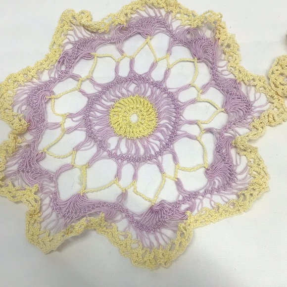 Vintage doilie pair hand made crochet lavender and soft yellow oval and round - Picture 2 of 6